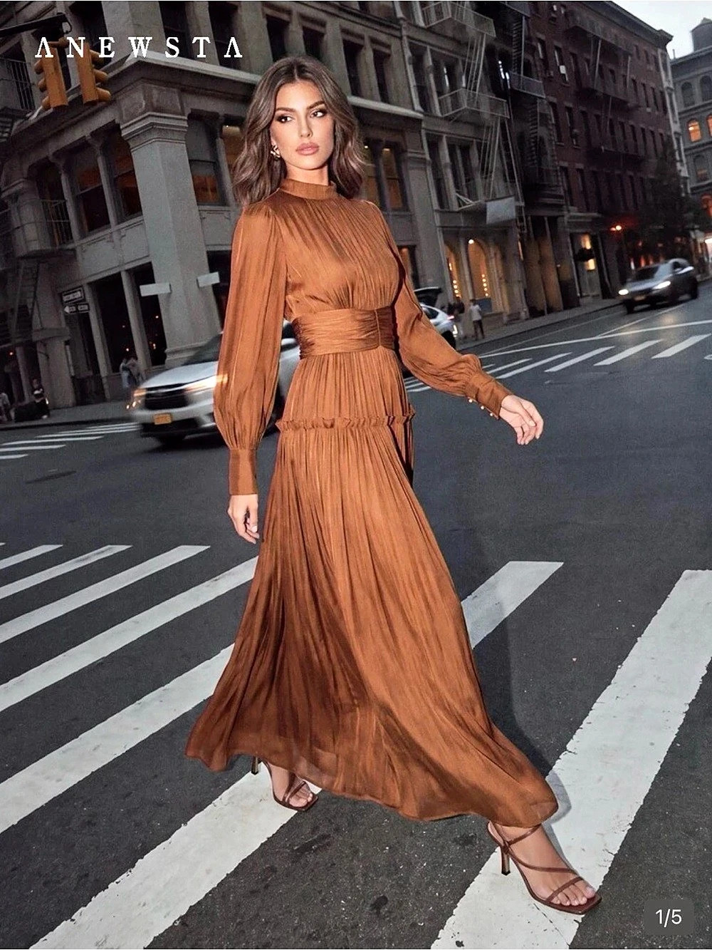 Anwesta Pleated Maxi Dress in Brown NWT
